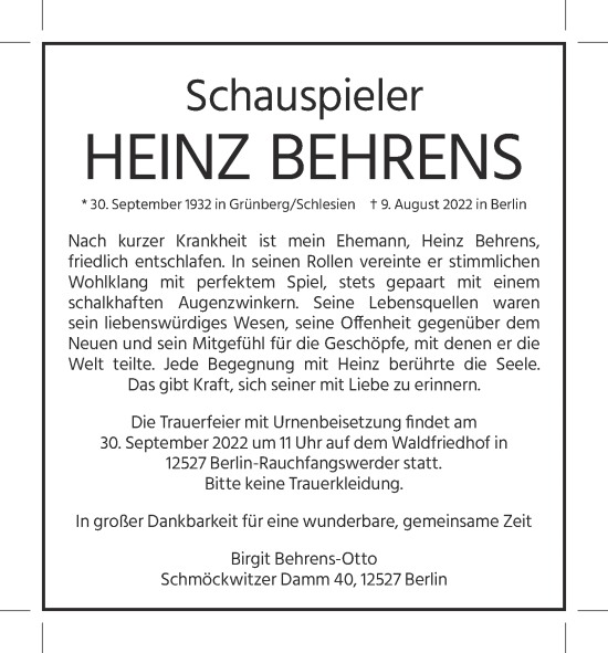 Traueranzeige von Heinz Behrens von Berliner Zeitung