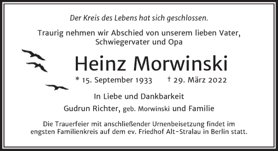 Traueranzeige von Heinz Morwinski von Berliner Zeitung