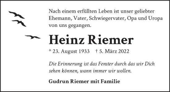 Traueranzeige von Heinz Riemer von Berliner Zeitung
