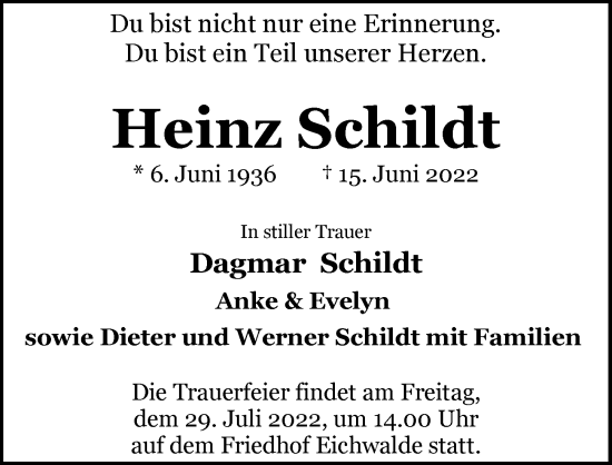 Traueranzeige von Heinz Schildt von Berliner Zeitung