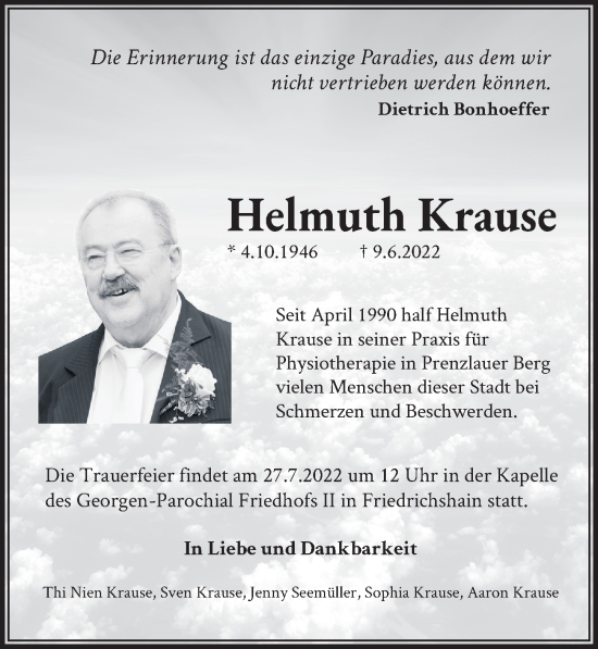 Traueranzeige von Helmuth Krause von Berliner Zeitung