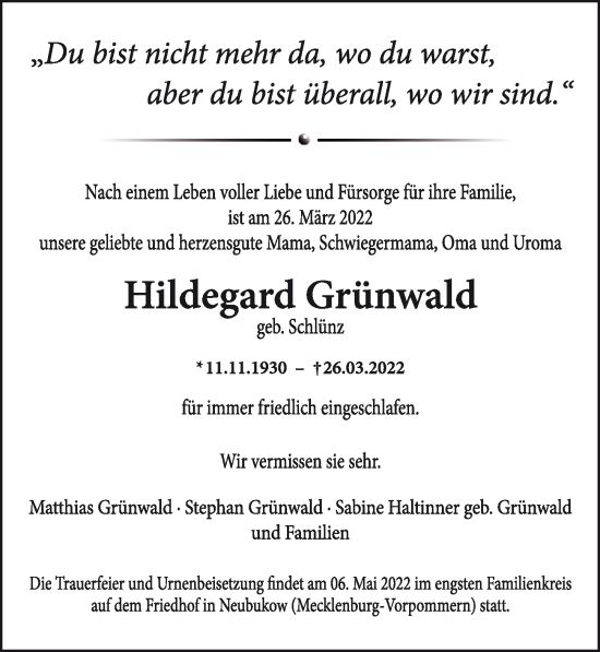 Traueranzeige von Hildegard Grünwald von Berliner Zeitung