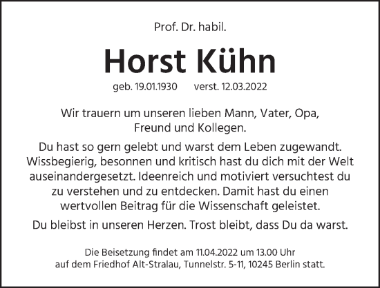 Traueranzeige von Horst Kühn von Berliner Zeitung