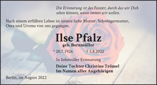 Traueranzeige von Ilse Pfalz von Berliner Zeitung