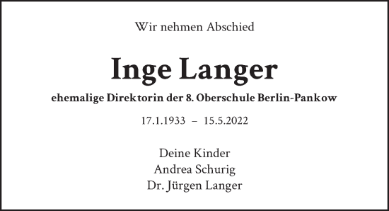 Traueranzeige von Inge Langer von Berliner Zeitung