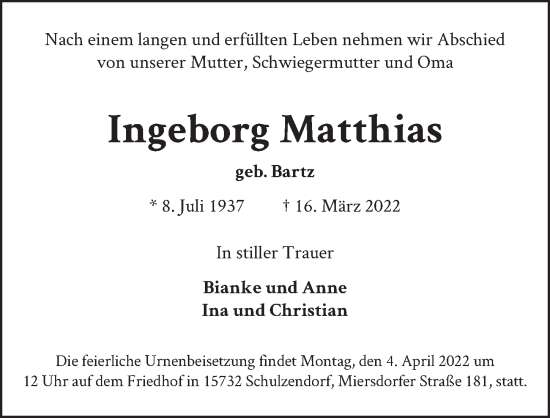 Traueranzeige von Ingeborg Matthias von Berliner Zeitung