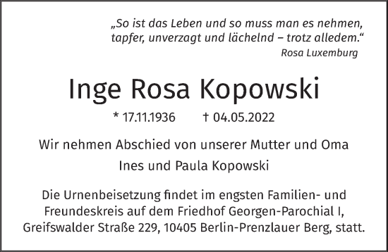 Traueranzeige von Inge Rosa Kopowski von Berliner Zeitung