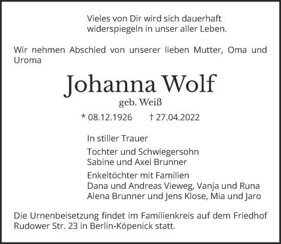 Traueranzeige von Johanna Wolf von Berliner Zeitung