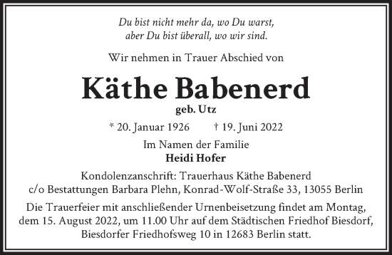 Traueranzeige von Käthe Babenerd von Berliner Zeitung
