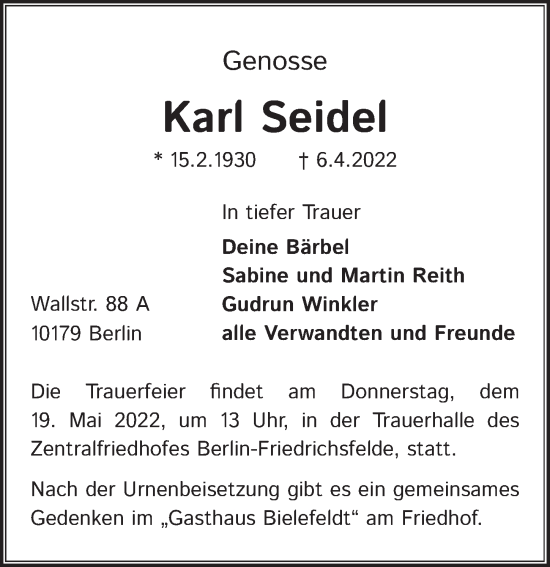 Traueranzeige von Karl Seidel von Berliner Zeitung