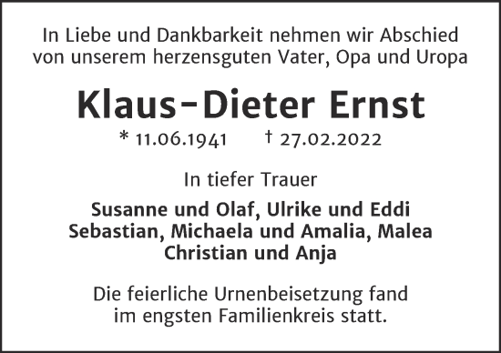 Traueranzeige von Klaus-Dieter Ernst von Berliner Zeitung