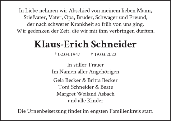 Traueranzeige von Klaus-Erich Schneider von Berliner Zeitung