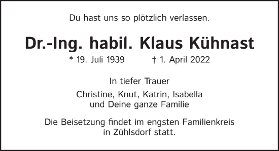 Traueranzeige von Klaus Kühnast von Berliner Zeitung