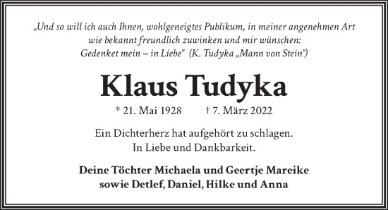 Traueranzeige von Klaus Tudyka von Berliner Zeitung