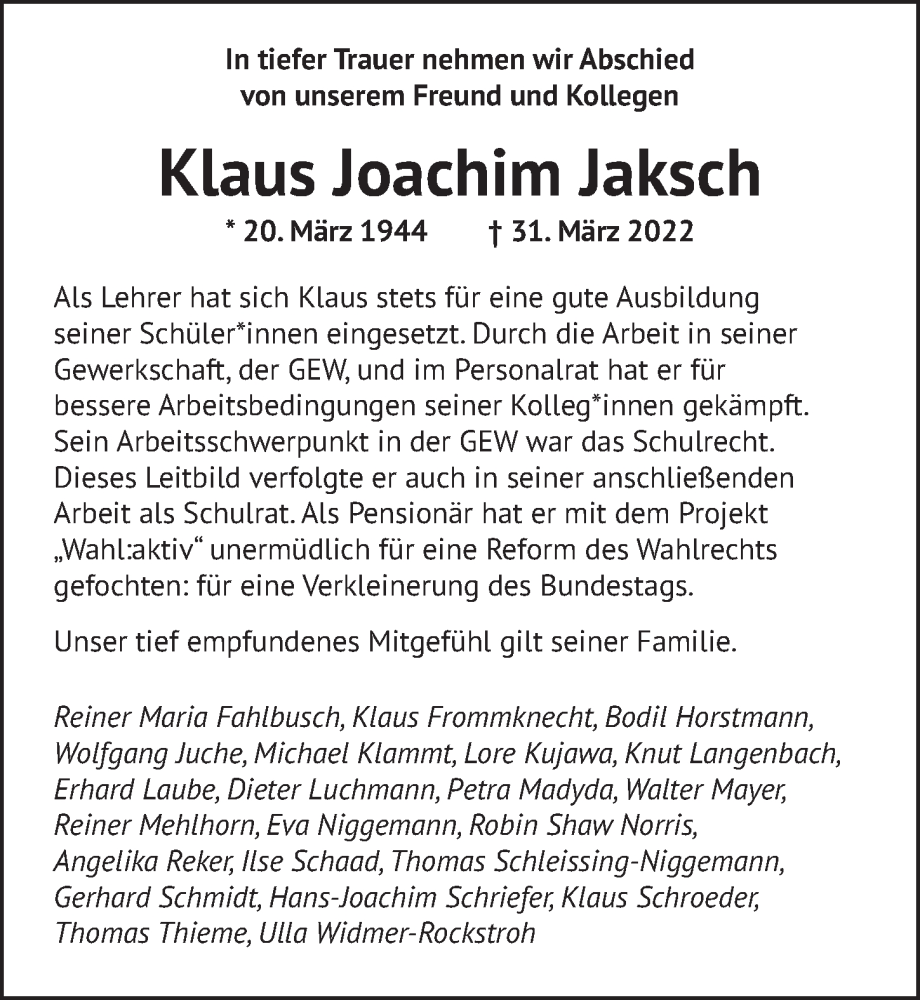  Traueranzeige für Klaus Joachim Jaksch vom 16.04.2022 aus Berliner Zeitung