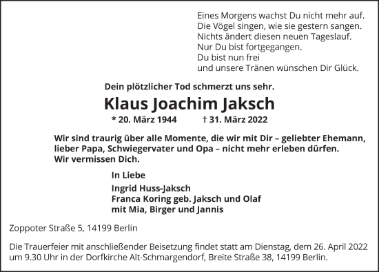Traueranzeige von Klaus Joachim Jaksch von Berliner Zeitung