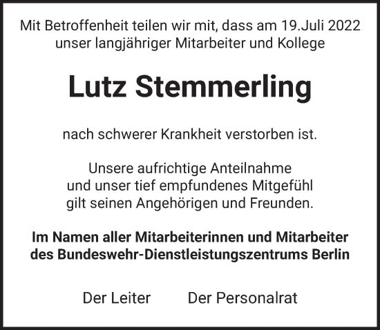 Traueranzeige von Lutz Stemmerling von Berliner Zeitung