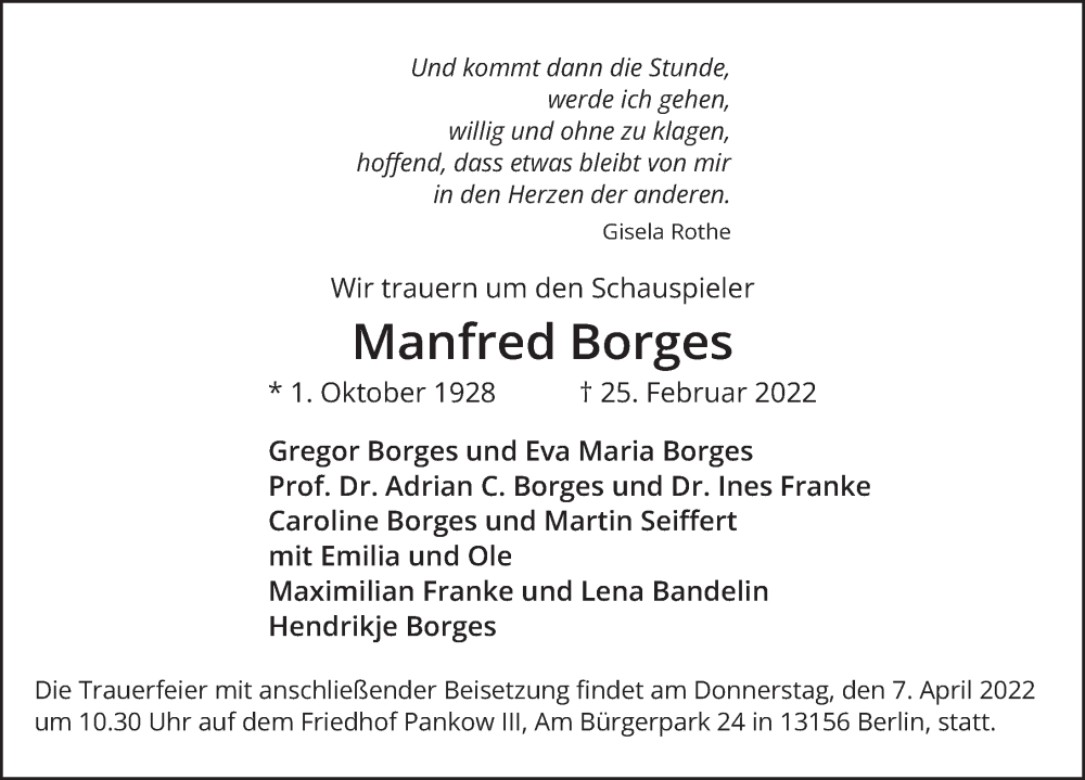  Traueranzeige für Manfred Borges vom 19.03.2022 aus Berliner Zeitung