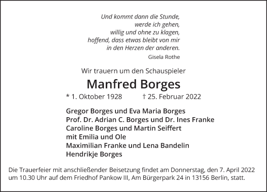 Traueranzeige von Manfred Borges von Berliner Zeitung