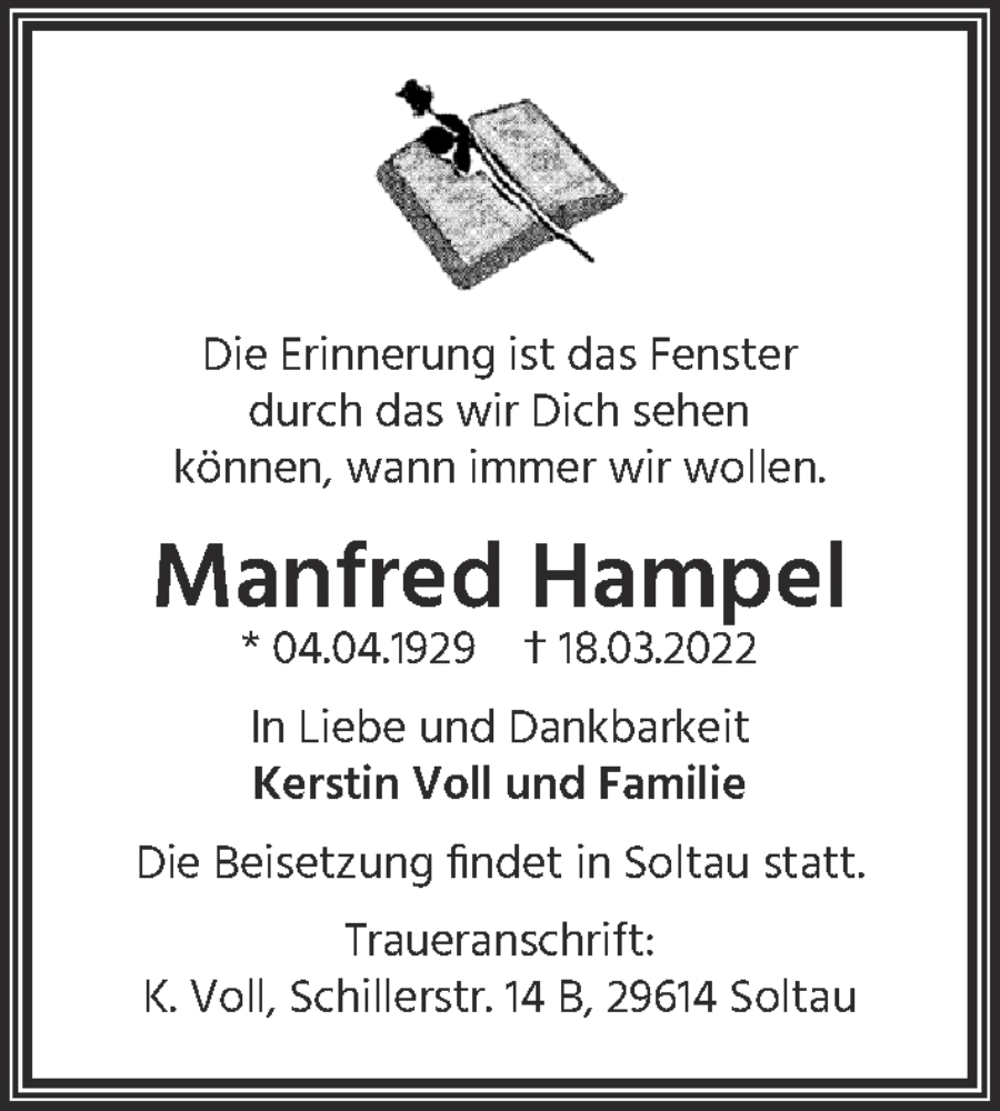  Traueranzeige für Manfred Hampel vom 26.03.2022 aus Berliner Zeitung