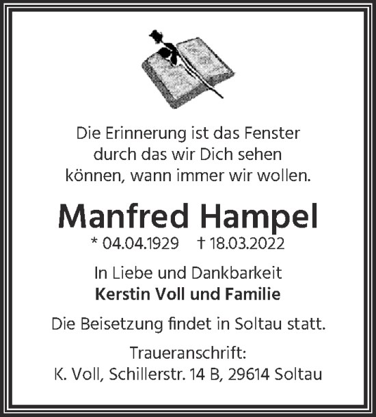 Traueranzeige von Manfred Hampel von Berliner Zeitung