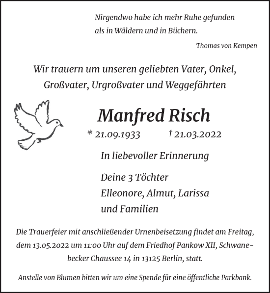 Traueranzeige von Manfred Risch von Berliner Zeitung