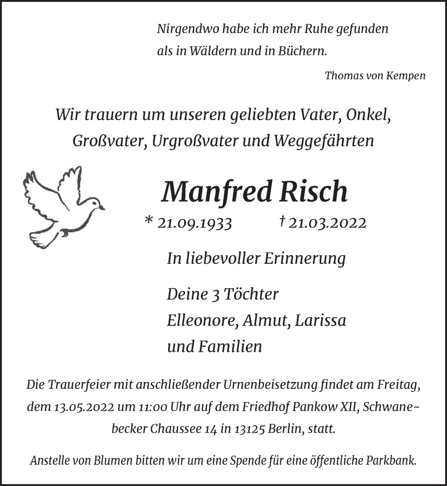  Traueranzeige für Manfred Risch vom 02.04.2022 aus Berliner Zeitung