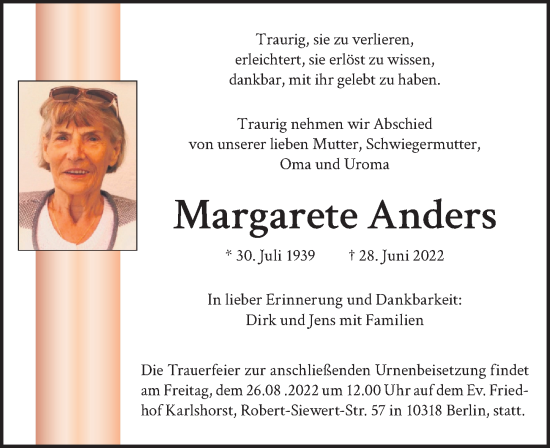 Traueranzeige von Margarete Anders von Berliner Kurier