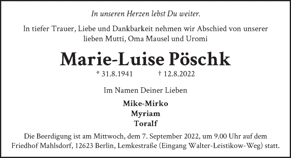  Traueranzeige für Marie-Luise Pöschk vom 27.08.2022 aus Berliner Zeitung