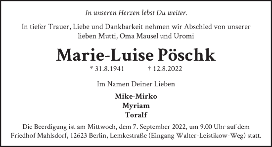 Traueranzeige von Marie-Luise Pöschk von Berliner Zeitung