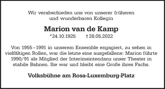 Traueranzeige von Marion van de Kamp von Berliner Zeitung