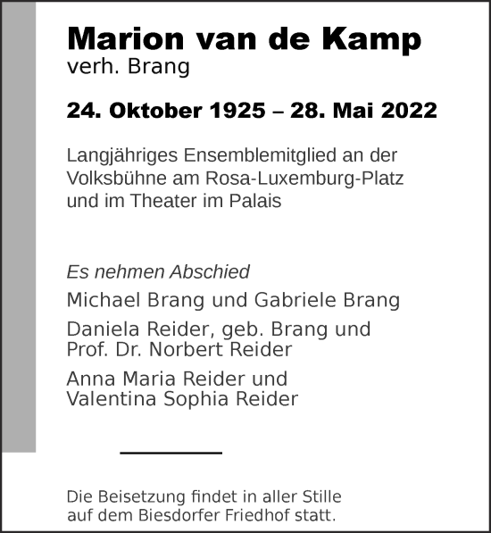 Traueranzeige von Marion van de Kamp von Berliner Zeitung