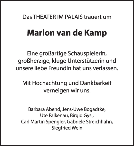 Traueranzeige von Marion van de Kamp von Berliner Zeitung