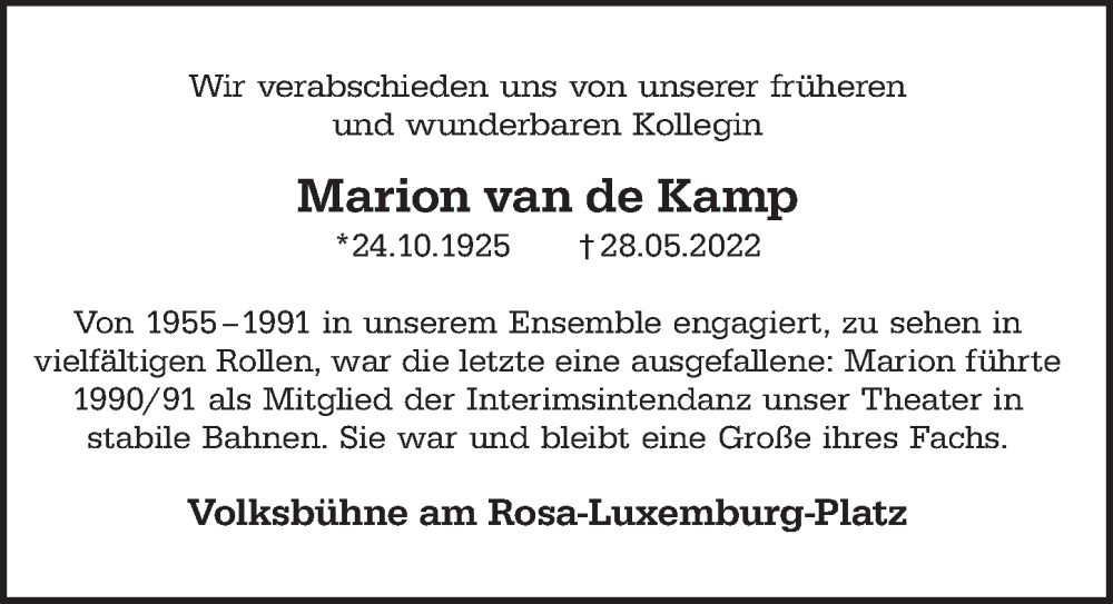  Traueranzeige für Marion van de Kamp vom 11.06.2022 aus Berliner Zeitung