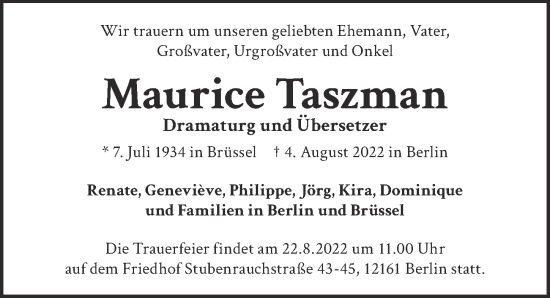 Traueranzeige von Maurice Taszman von Berliner Zeitung