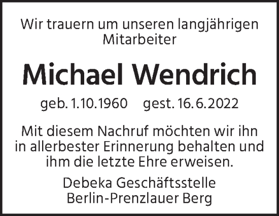 Traueranzeige von Michael Wendrich von Berliner Zeitung