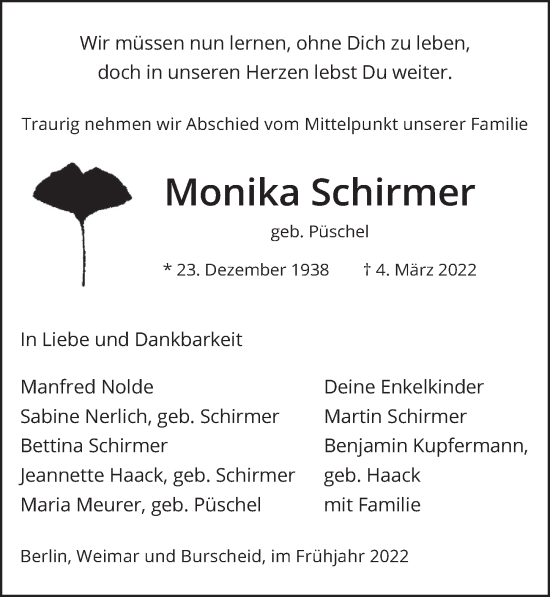 Traueranzeige von Monika Schirmer von Berliner Zeitung