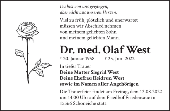 Traueranzeige von Olaf West von Berliner Zeitung