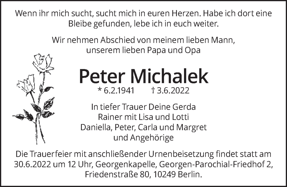  Traueranzeige für Peter Michalek vom 25.06.2022 aus Berliner Zeitung