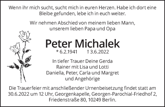 Traueranzeige von Peter Michalek von Berliner Zeitung