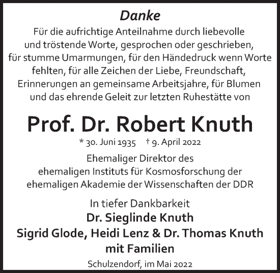 Traueranzeige von Prof. Dr. Robert Knuth von Berliner Zeitung