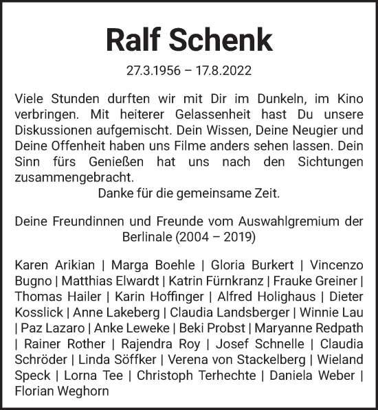 Traueranzeige von Ralf Schenk von Berliner Zeitung