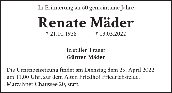 Traueranzeige von Renate Mäder von Berliner Zeitung