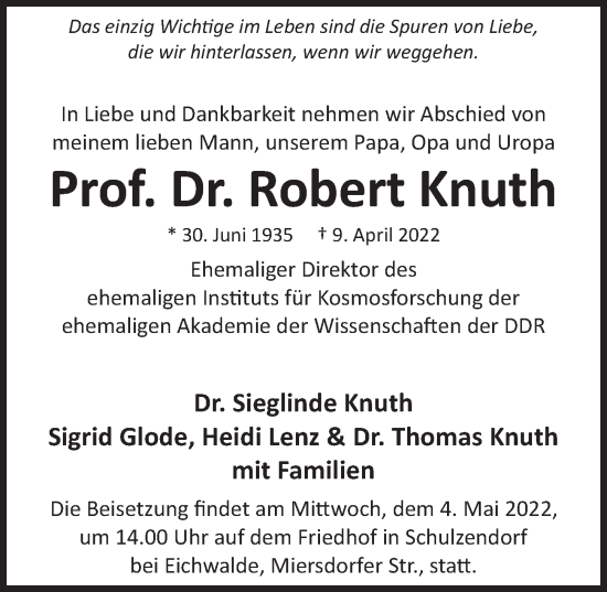 Traueranzeige von Robert Prof. Dr. Knuth von Berliner Zeitung