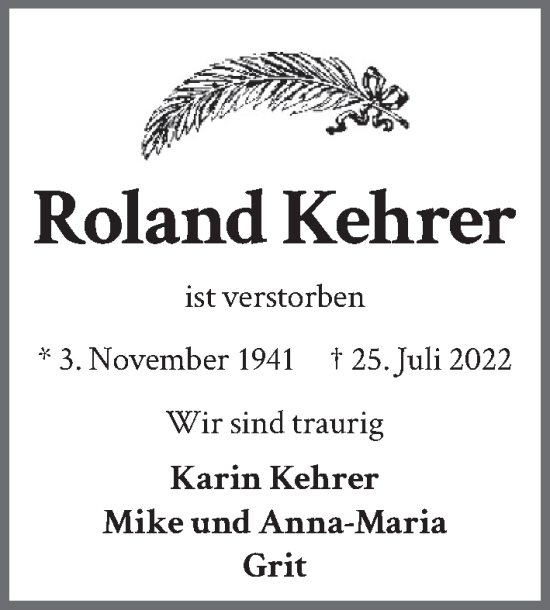 Traueranzeige von Roland Kehrer von Berliner Zeitung