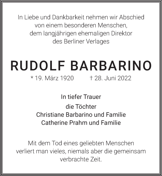 Traueranzeige von Rudolf Barbarino von Berliner Zeitung