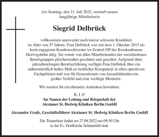Traueranzeige von Siegrid Delbrück von Berliner Zeitung