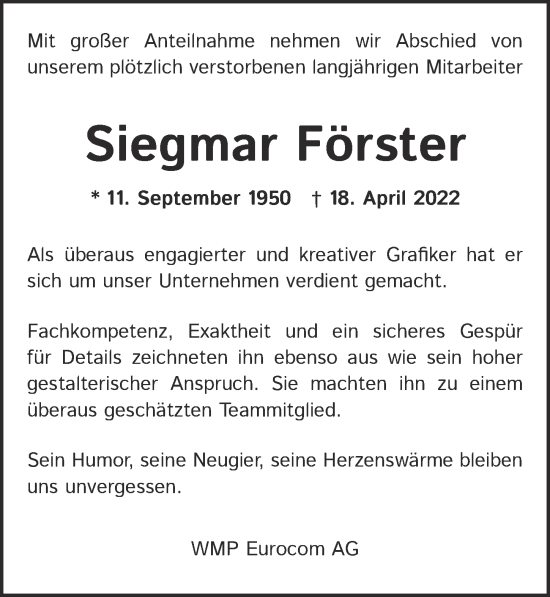 Traueranzeige von Sigmar Förster von Berliner Zeitung