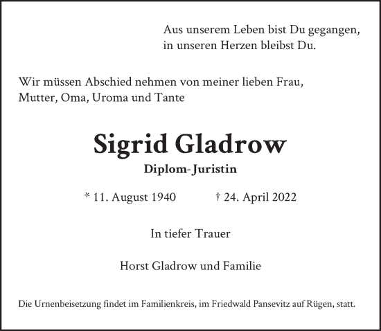 Traueranzeige von Sigrid Gladrow von Berliner Zeitung
