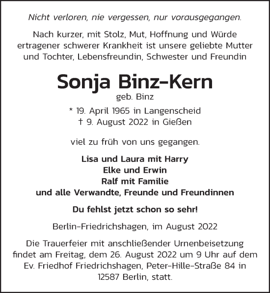 Traueranzeige von Sonja Binz-Kern von Berliner Zeitung